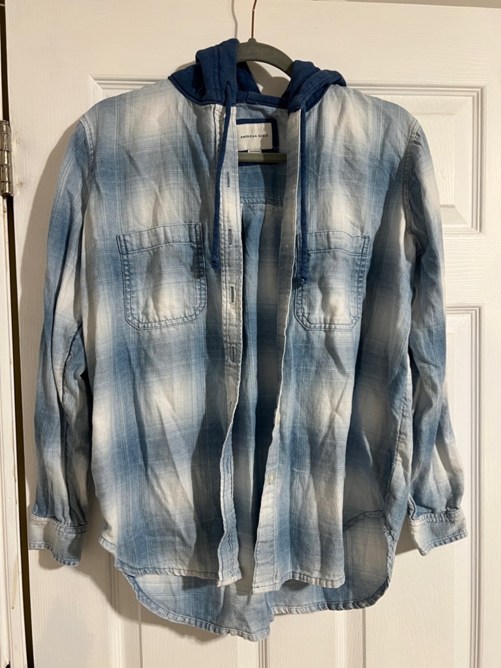 American Eagle Light Blue Chambray Hooded Plaid Shirt Jacket